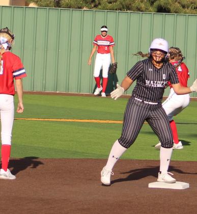 Seminole’s Valerie Reyes celebrates after leading off the fifth inning with a double against Greenwood in District 3-4A play on Friday in Seminole. (LEE SCHEIDE|SEMINOLE SENTINEL)
