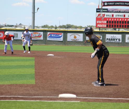 Seminole’s Josh Lopez of the Red Team takes a lead off first base after a single in the top of the first inning against the Blue Team in the Greater West Texas Baseball Coaches Association All-StargameonSaturdayatLubbock-CooperHighSchool.(LEESCHEIDE|SEMINOLESENTINEL)