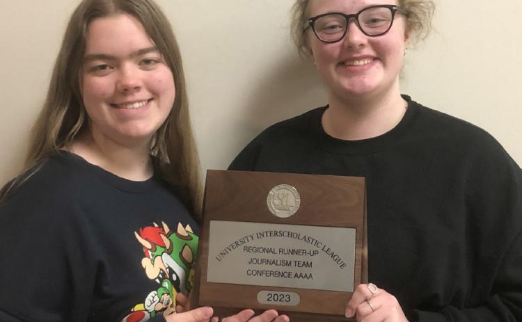 Region runner-up team--Seniors Rachel Froese and Heidi Giesbrecht earned 44 points and the second place team spot for journalism at Texas Tech on April 22. Giesbrecht qualified for state in editorial, features and headlines. (Photo provided)